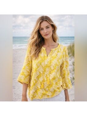 Chico's Yellow Textured Pineapple Fizz Tassel V-Neck Tunic Size 3